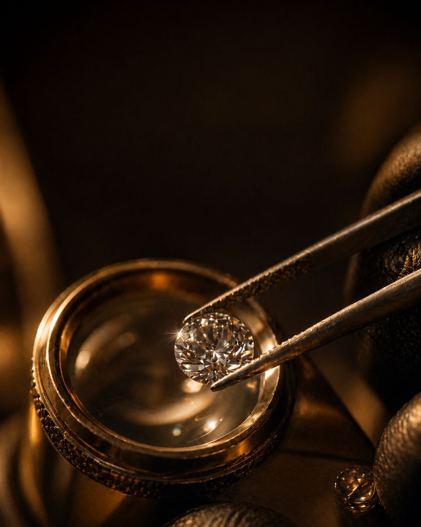 Round brilliant diamond held with tweezers above a jeweller's loupe in warm golden light