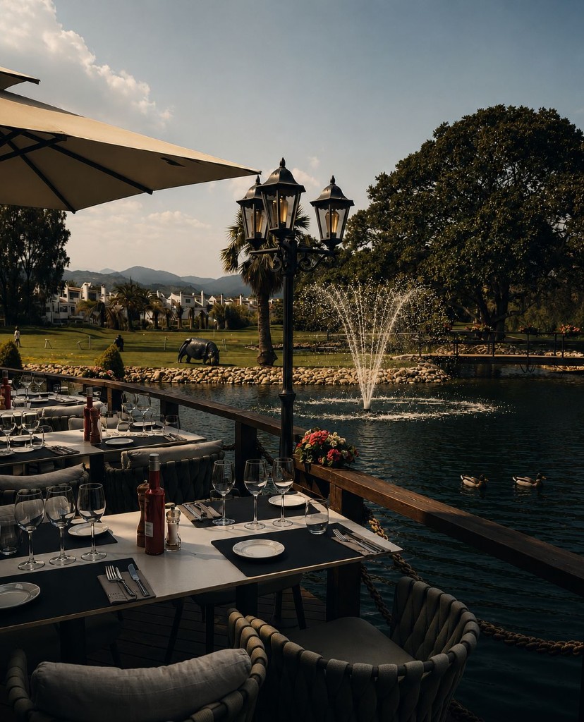 Divot Gastro Grill terrace with set tables overlooking the lake, fountain and golf green in Marbella