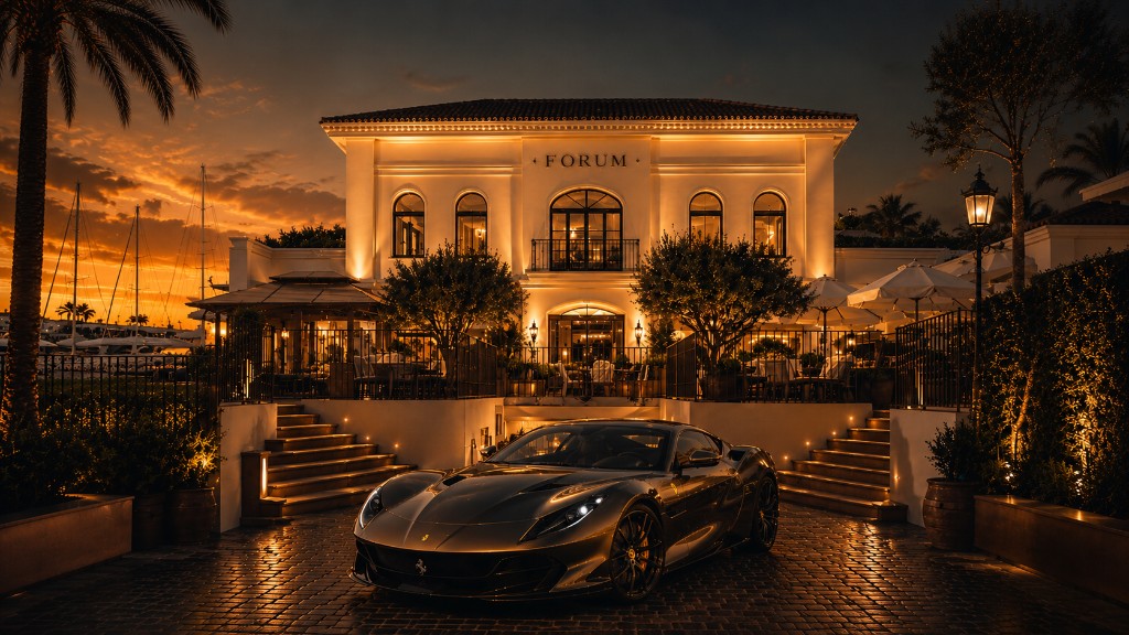 Luxury Forum building at sunset with a dark metallic Ferrari at the cobblestone entrance near the marina