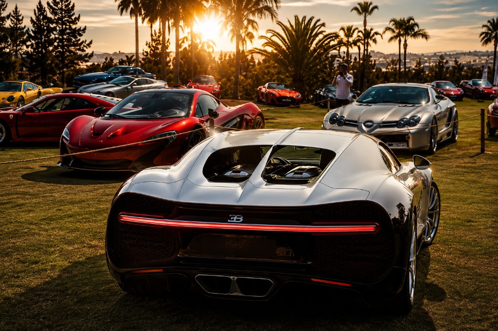 Bugatti Chiron, McLaren and other supercars displayed on a Marbella golf green at sunset, surrounded by palm trees