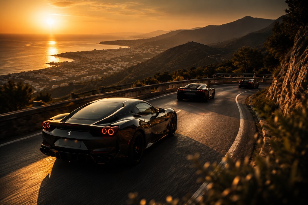 Three black supercars on a winding coastal road at sunset overlooking the Mediterranean