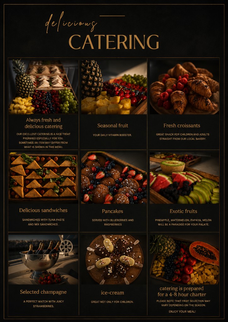 Mangusta 80 yacht catering - fresh catering spread including champagne, fruit, sandwiches, pancakes and ice-cream